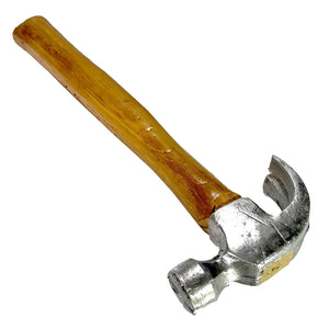 14.5 inch simulated hammer with detailed wood grain handle has a soft foam  simulated metal head that allows for complete safety for actors