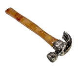 14.5 inch simulated hammer with detailed wood grain handle has a soft foam  simulated metal head that allows for complete safety for actors