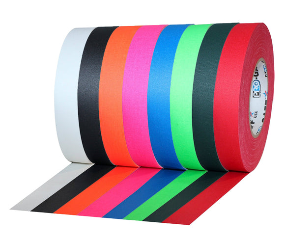 Pro Tapes® one inch Gaffer Tape in black, white, red, green and fluorescent orange, pink and blue.