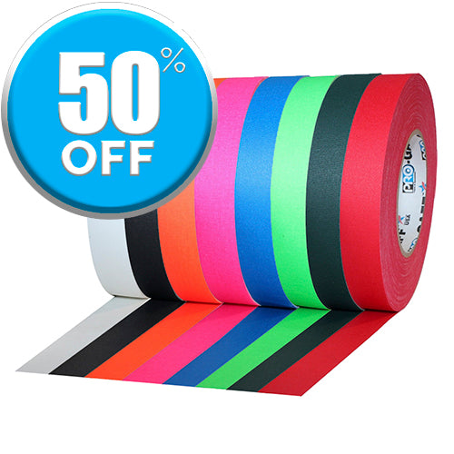 On Sale Pro Tapes® one inch Gaffer Tape in black, white, red, green and fluorescent orange, pink and blue.