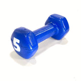 5 lb style dumbbell with hex-shaped heads with a straight center. Two variants sold, solid hard rigid ultra-lightweight foam or a soft durable lightweight foam rubber