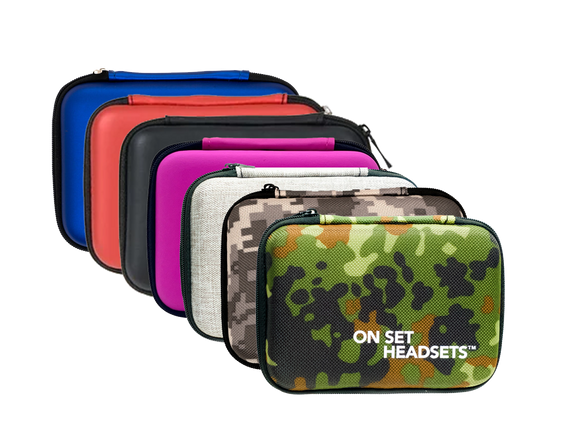 On Set Headsets FilmPro travel cases in blue, red, black, purple, grey, green camouflage, digital camo available at Dependable Expendables