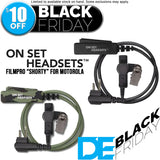 Black Friday Deals On Set Headsets FilmPro Shorty radio Walkie surveillance Headset with Motorola 2 pin connector in black and camouflage available at Dependable Expendables Dallas Texas