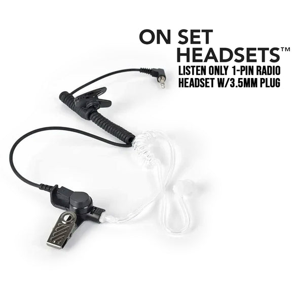 On Set Headsets Listen Only Acoustic Tube Earpiece 1-Pin Radio  Black Headset with 3.5mm Plug  - available at Dependable Expendables Dallas Texas