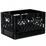 Black 24 quart plastic Milk Crate used to store video audio cables and film grip equipment - Dependable Expendables