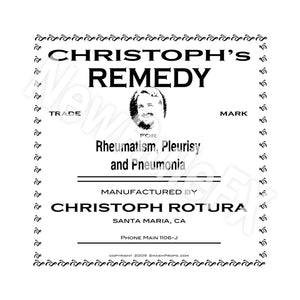 "Christoph's Remedy" bottle color label printed on self adhesive label stock. License and Royalty Free for Film Use