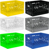 White, yellow, black, gray, blue, lime green,  ultra violate purple 24 quart plastic Milk Crates used to store video audio cables and film grip equipment available at Dependable Expendables Dallas, Texas