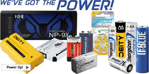 Batteries sold by Dependable Expendables including 9v, AA, AAA, LB-50, A10,  NP-F550, NP and CR123A in Lithium Ion, NiCad and MiMh chemistries by Deity, Lectrosonics, Energizer, iPower and Titanium.