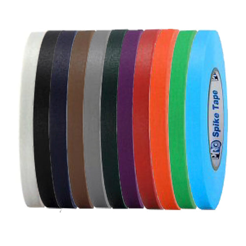 Pro Tapes® half inch Spike Gaff Tape in white, black, blue, brown, grey, green, purple, red, fluorescent orange, yellow, green and blue.