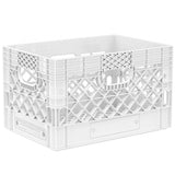 White 24 quart plastic Milk Crate used to store video audio cables and film grip equipment - Dependable Expendables