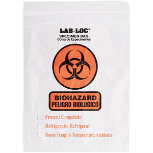 Authentic biohazard specimens bags are an 8"x10" plastic bag with BIOHAZARD in English and Spanish along with the Biohazard symbol in Orange and Black