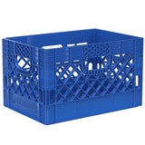 Blue 24 quart plastic Milk Crate used to store video audio cables and film grip equipment - Dependable Expendables