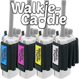 Walkie Caddy in blue, pink, yellow and white for tools, pens, and batteries, designed to fit around standard Motorola 200 style Walkie Talkies.