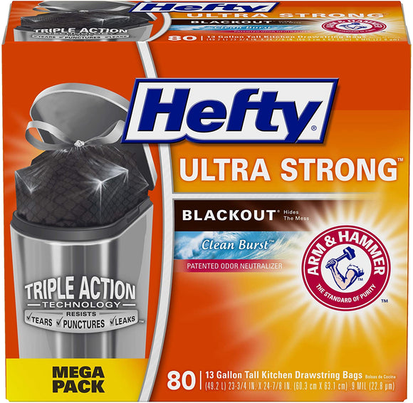 Hefty Ultra Strong Tall Kitchen Trash Bags, Blackout, Clean Burst, 13 Gallon, 80 Count - Dependable Expendables