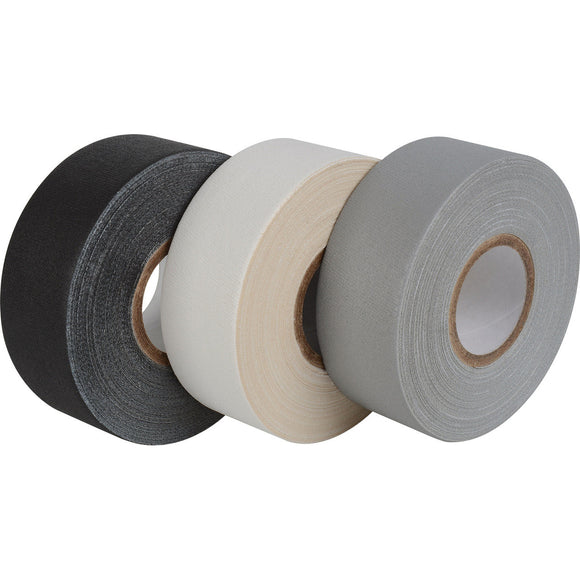 Pro Tapes® Pro Gaff Gaffers Tape 1 Inch x 12 Yards Mini Roll in black, white, and grey.