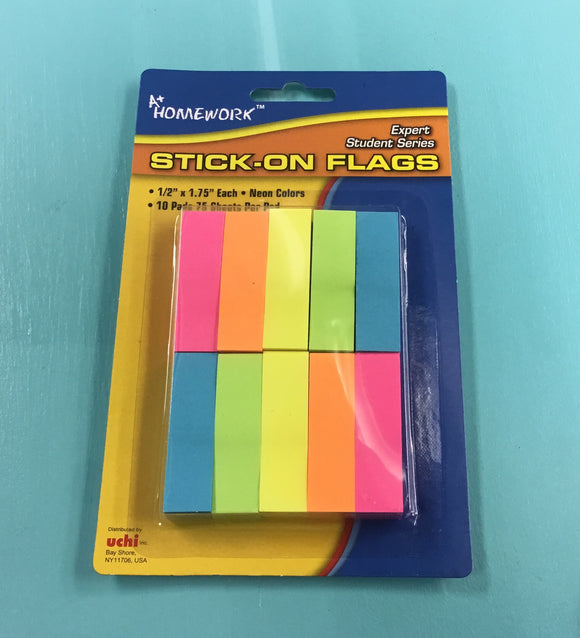 Half inch by one and three quarter inch Neon Colors Stick-On Flags in Pink, Orange, Blue, and Green- Dependable Expendables